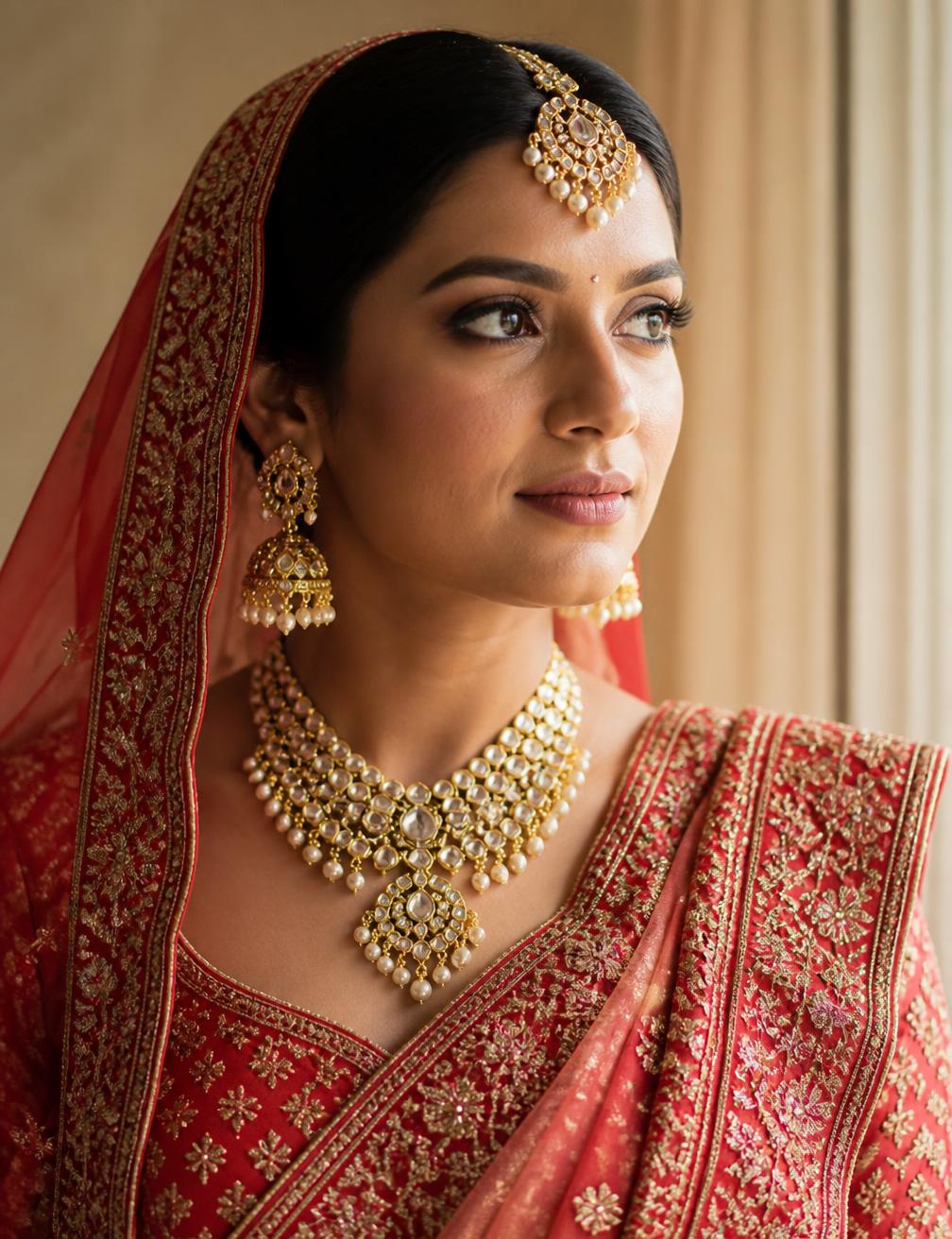 Indian bride in red and gold bridal attire with elegant bridal makeup and kundan jewellery