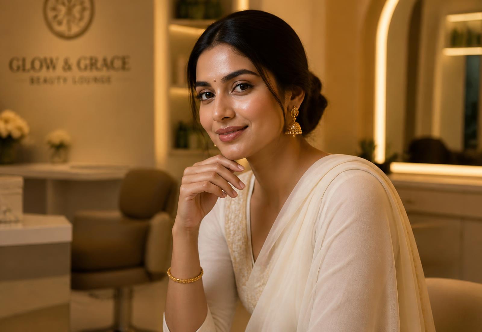 Elegant Indian woman with soft glam makeup and gold jewellery in a warmly lit luxury salon