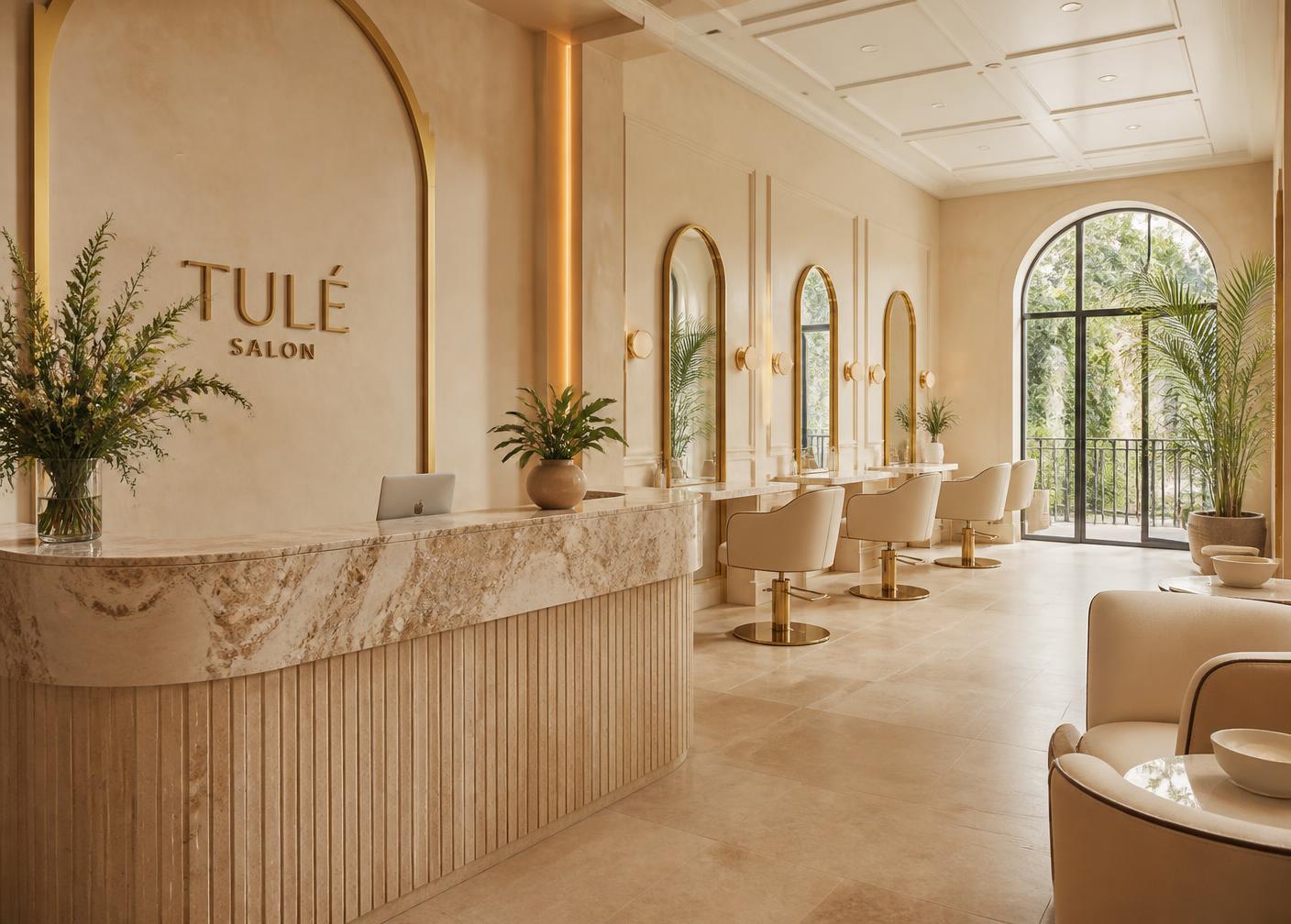 Interior of a luxury beauty salon with ivory walls, arched mirrors and champagne gold detailing